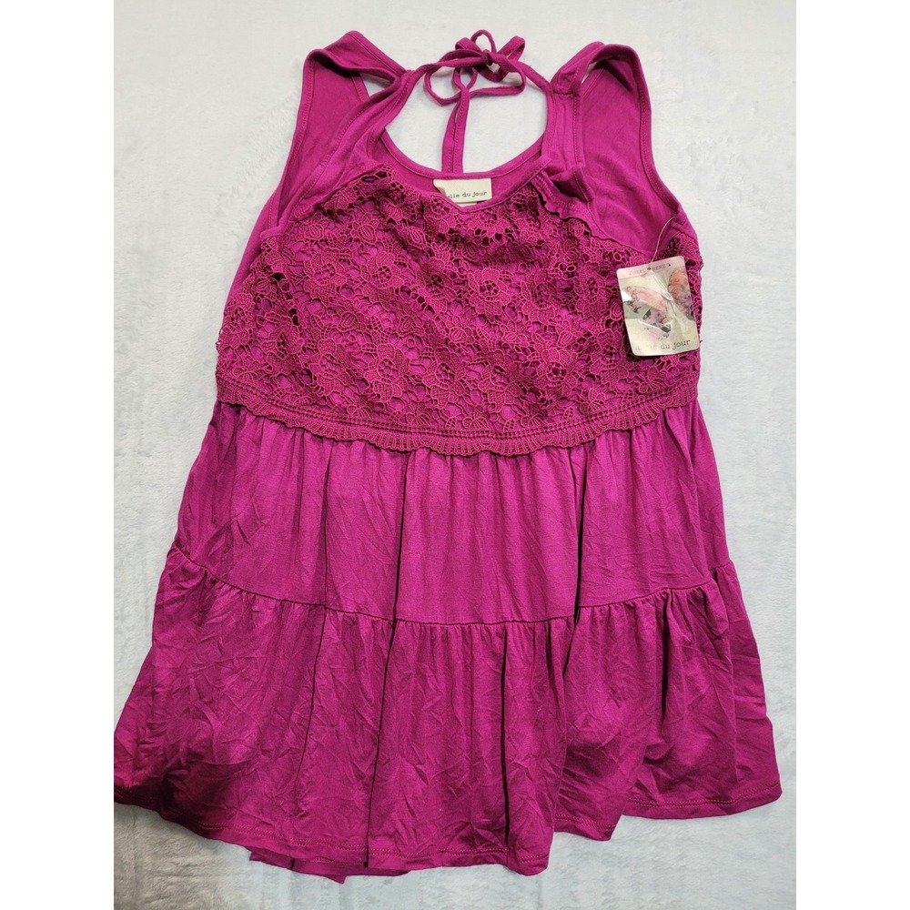 NWT Belle Du Jour Sleeveless Top Womens Large Magenta Lace Tiered Babydoll Tunic